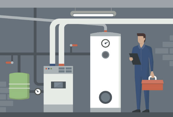 Cartoon of a CroppMetcalfe technician troubleshooting a heating furnace in the basement of a family home. 