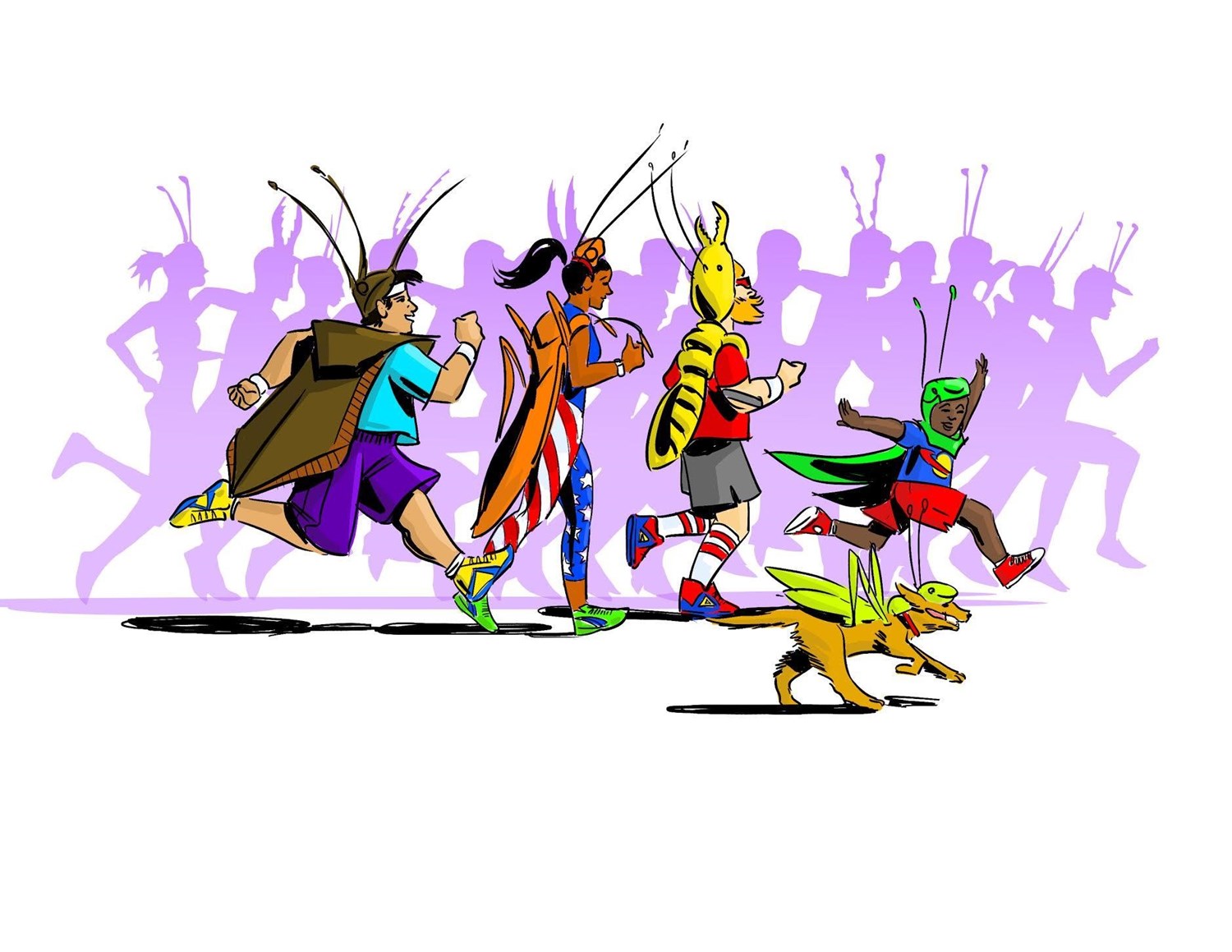 Cartoon of the 4th Annual Bug Run in 2018 with numerous participants dressed in bug costumes. 
