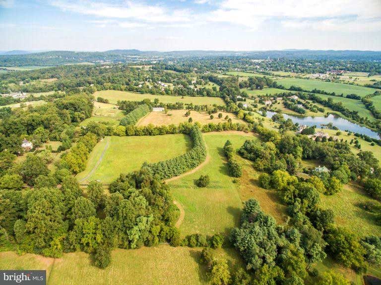 Aerial shot from a helicopter of the town of Warrenton, located in Fauquier County, Northern Virginia. 