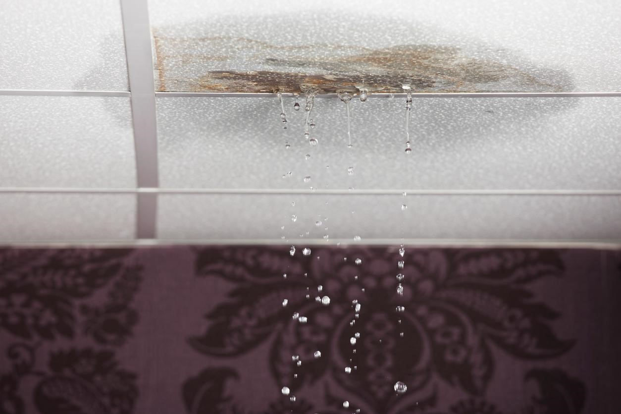 Clear ceiling beneath a second-floor bathroom sinking down and leaking with water. 