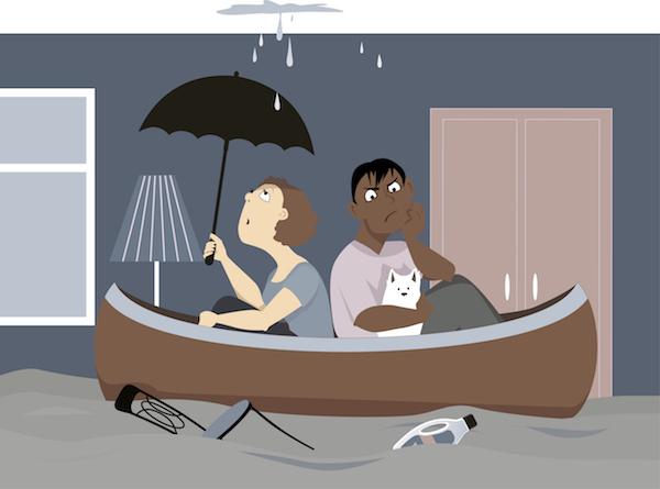 Cartoon of a couple sitting in a rowboat in their flooded living room due to failed plumbing. 